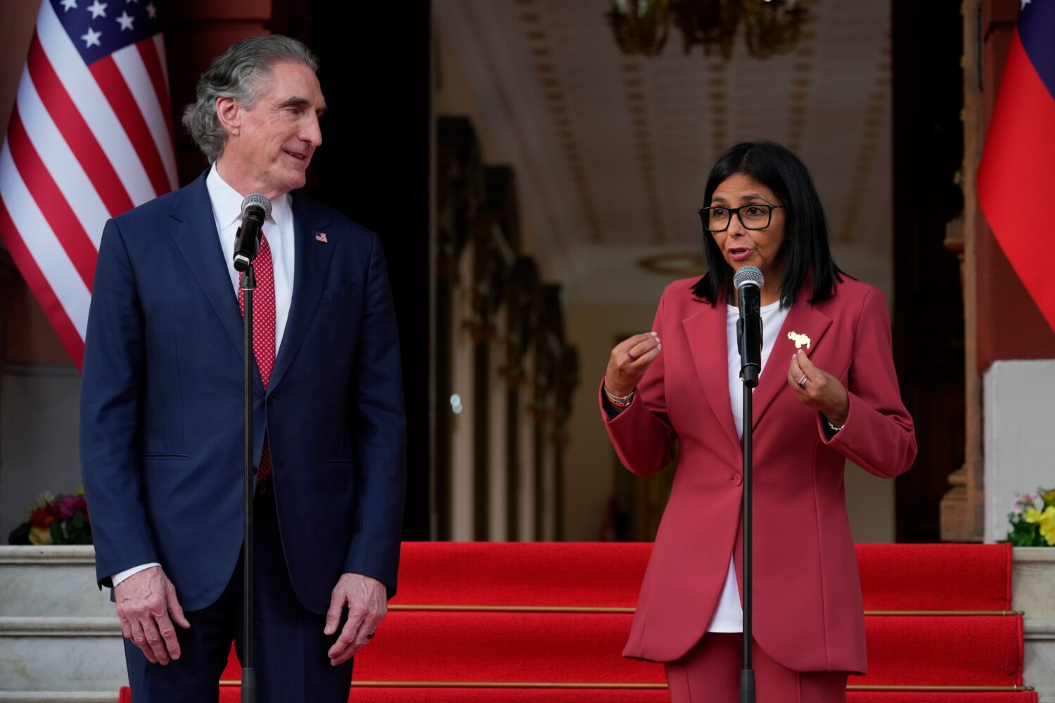 Venezuela's acting President Delcy Rodriguez, right, delivers joint remarks with U.S. Interior Secr...