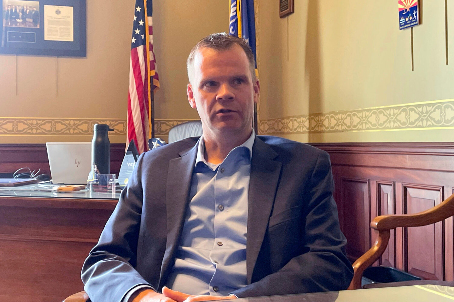 FILE - Wisconsin Senate Majority Leader Devin LeMahieu speaks during an interview with the Associat...