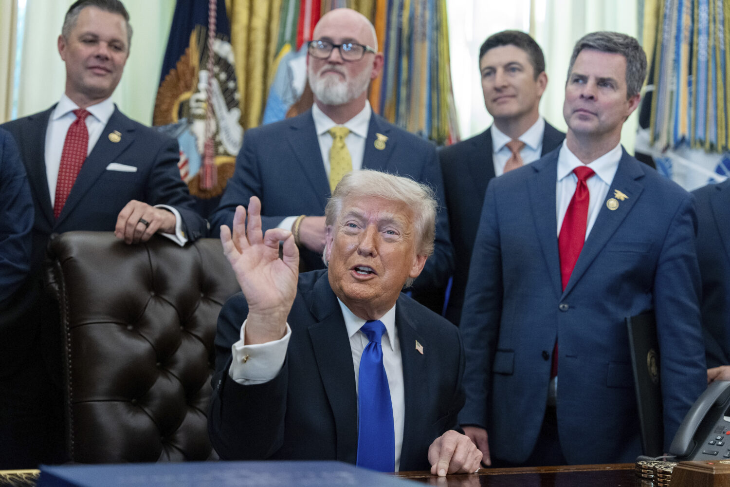 President Donald Trump speaks in the Oval Office of the White House, Thursday, April 30, 2026, in W...
