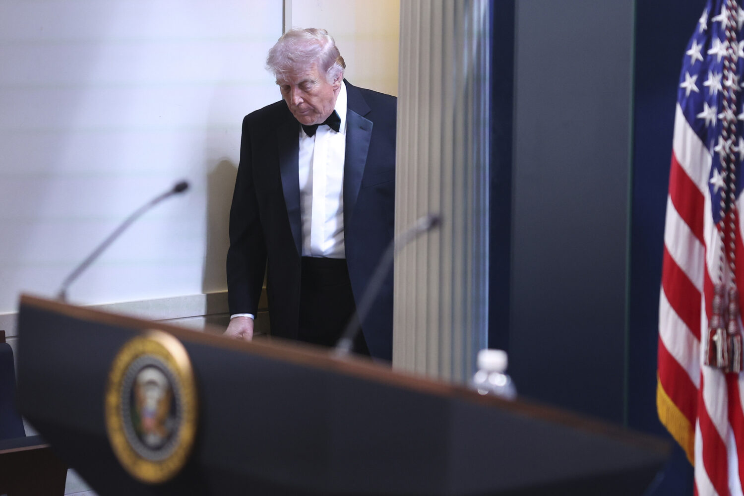 President Donald Trump arrives at the James Brady Press Briefing Room at the White House after an u...