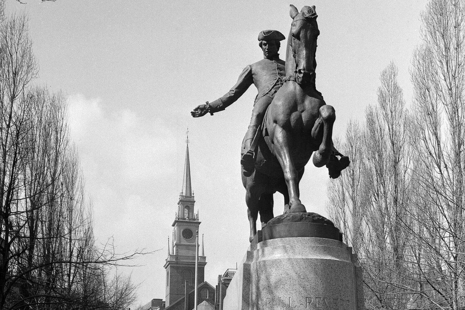FILE - The statue of Paul Revere in front of Christ Church in Boston on March 23, 1948. (AP Photo/A...