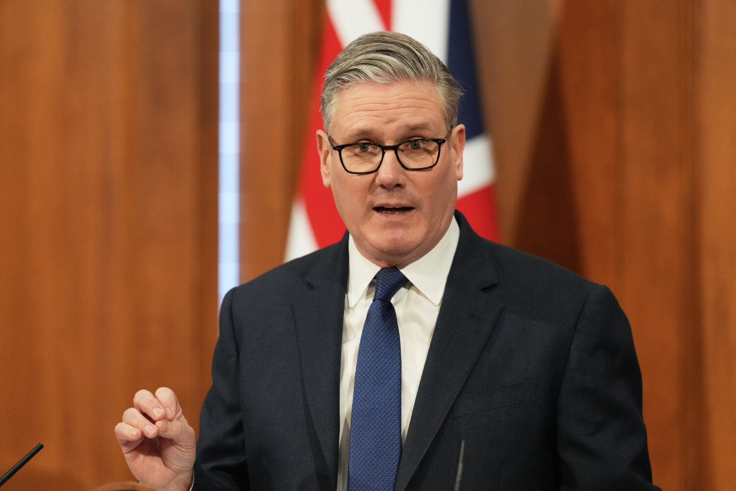 Britain's Prime Minister Keir Starmer speaks during a press conference at Downing Street in London,...