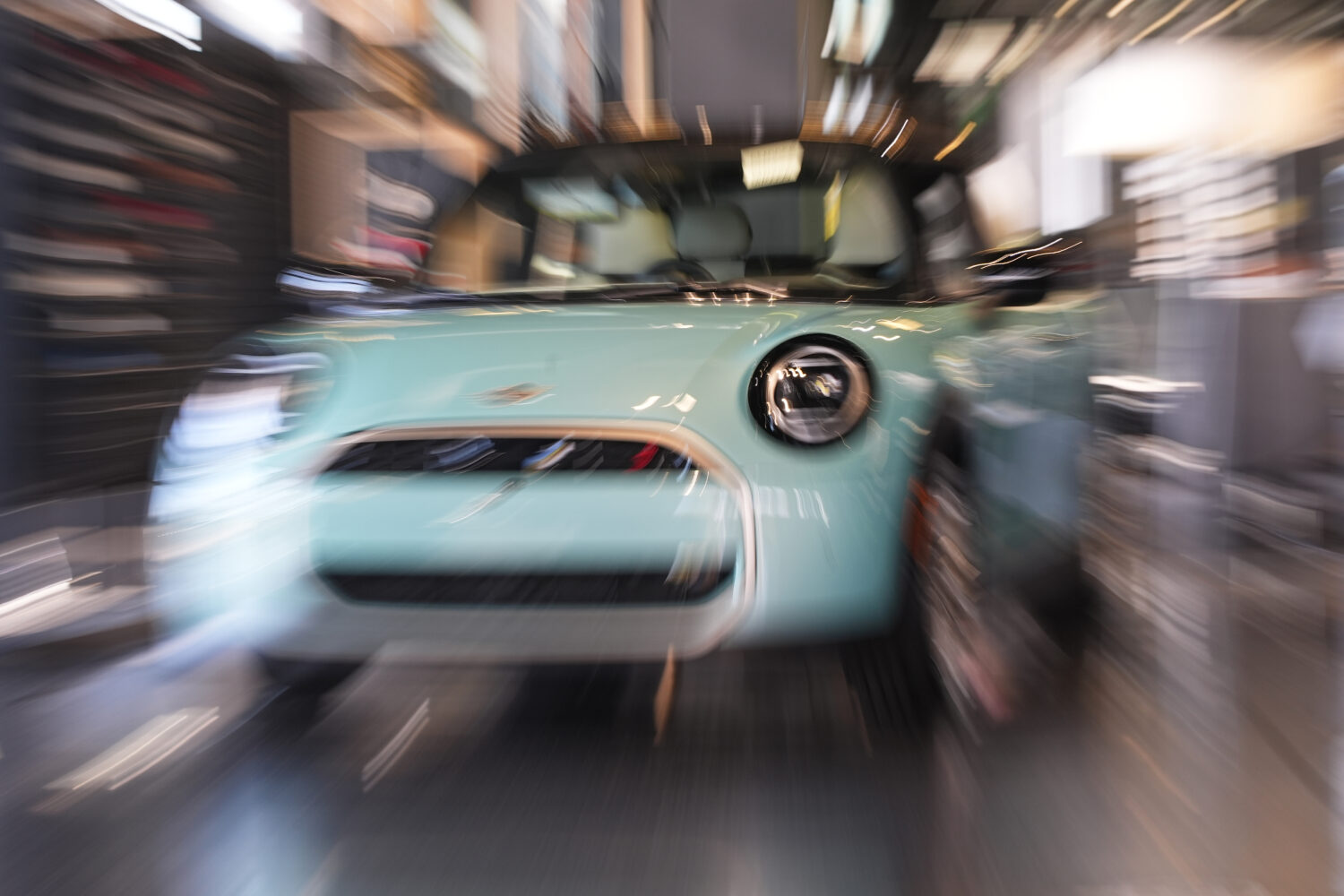 FILE - Made with a slow shutter speed and zoom lens, an unsold 2026 Cooper S hardtop is diplayed in...