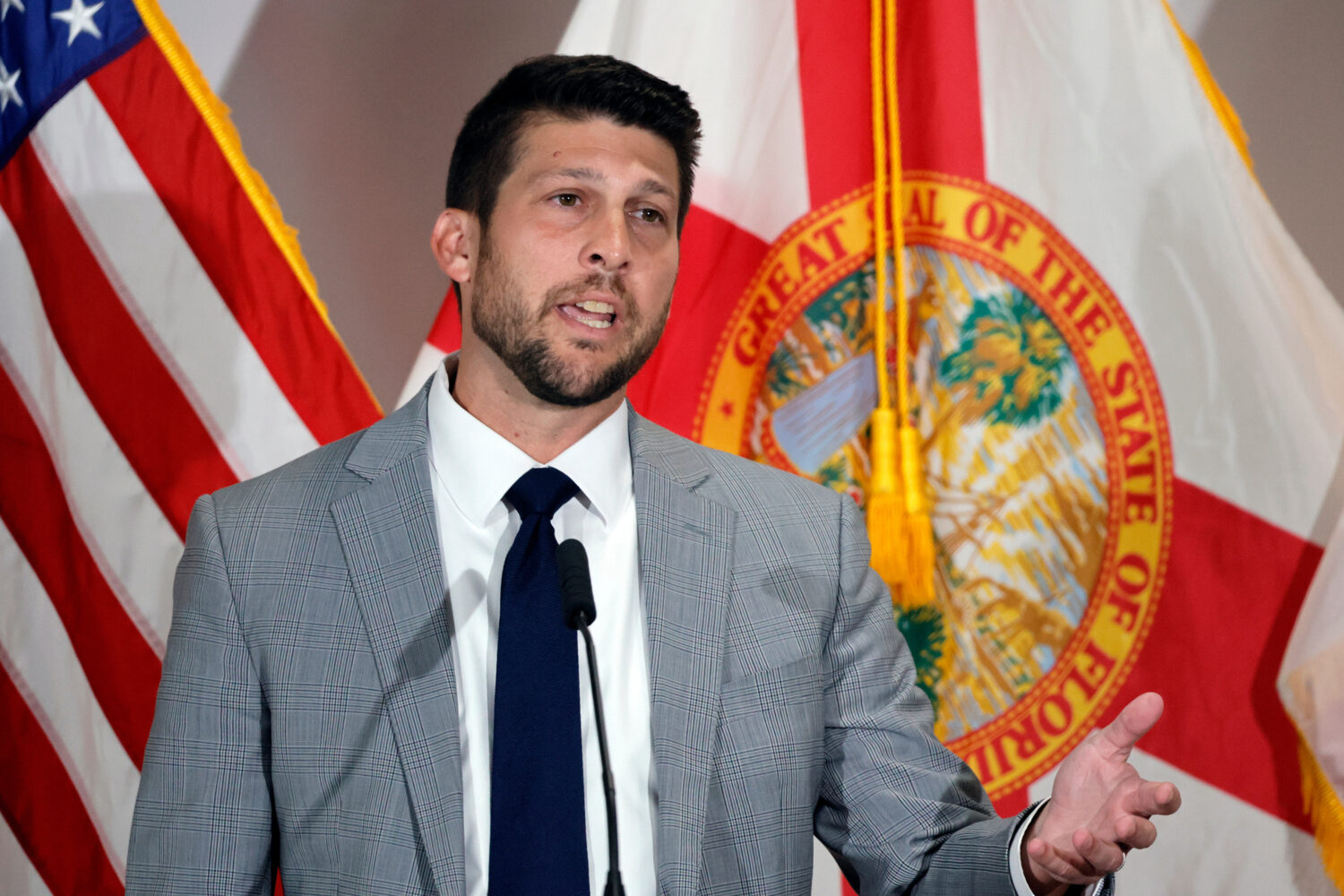 FILE - Florida Attorney General James Uthmeier speaks during a news conference at Palm Beach State ...