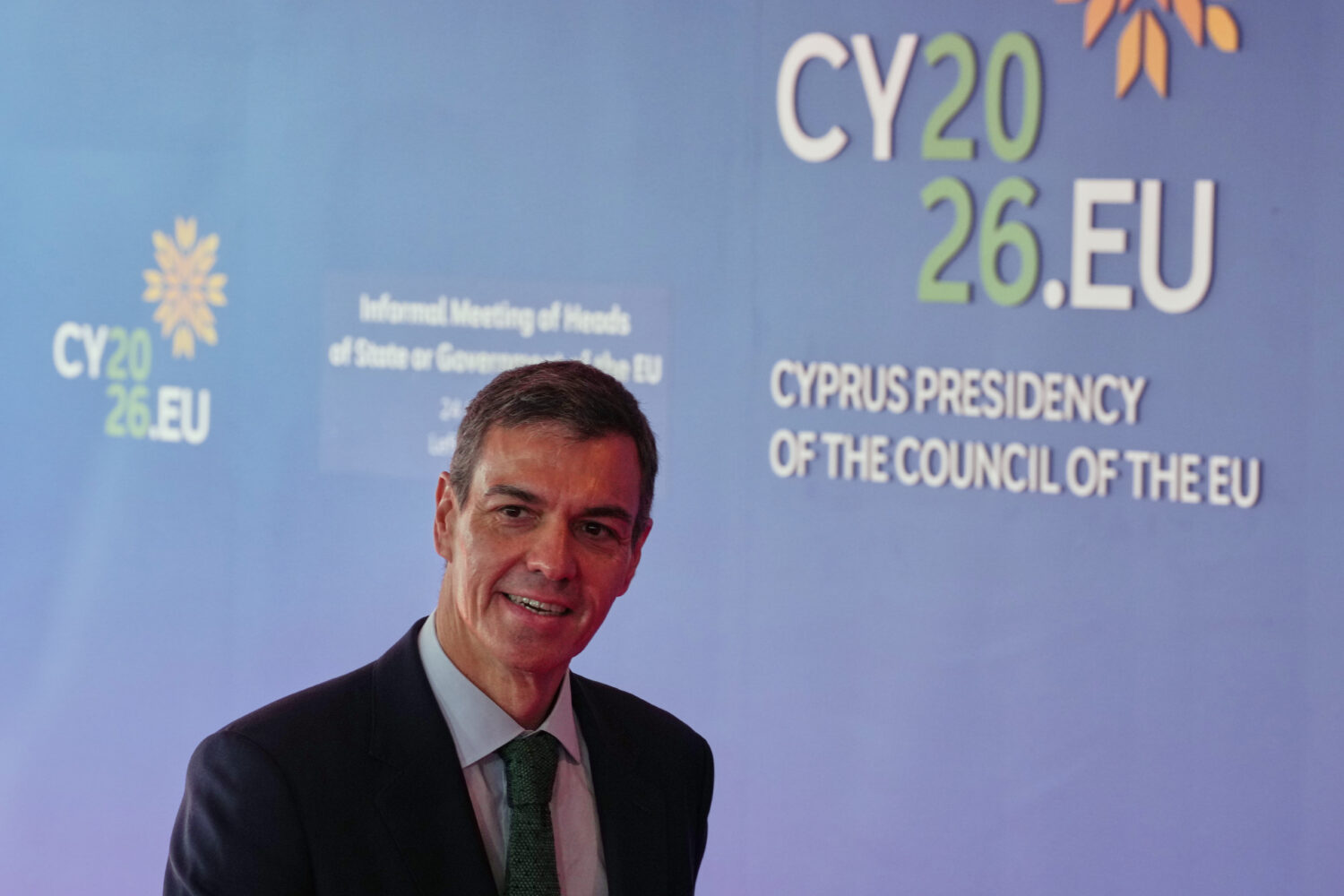 Spain's Prime Minister Pedro Sanchez arrives for the EU Summit in Nicosia, Cyprus, Friday, April 24...