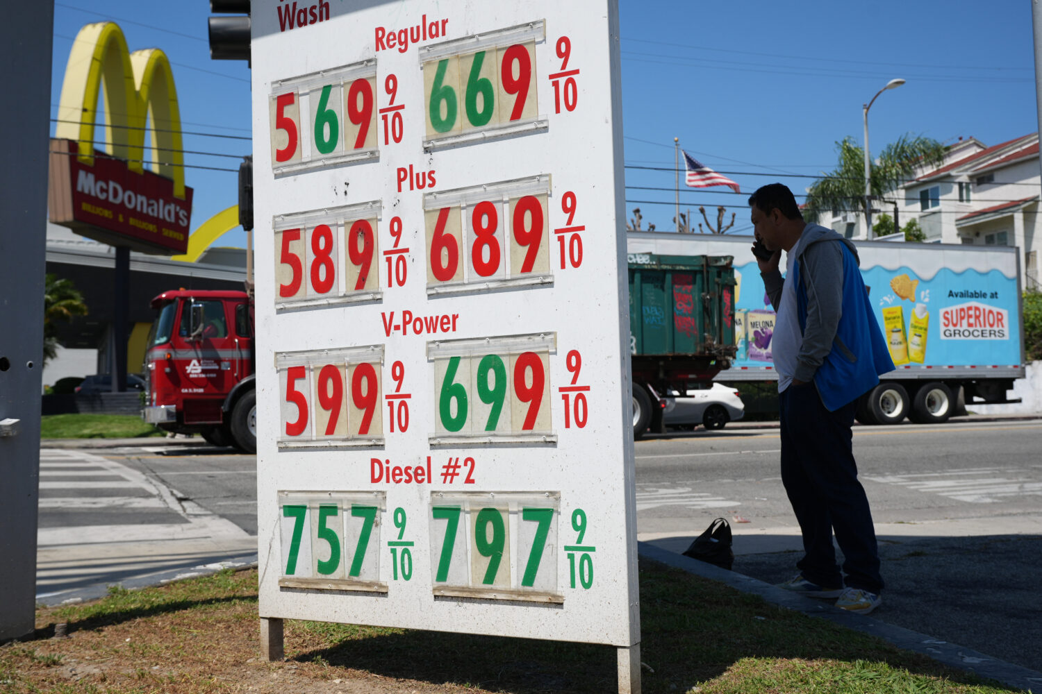 Gas prices are displayed at a gasoline station, Tuesday, April 7, 2026, in Los Angeles. (AP Photo/D...