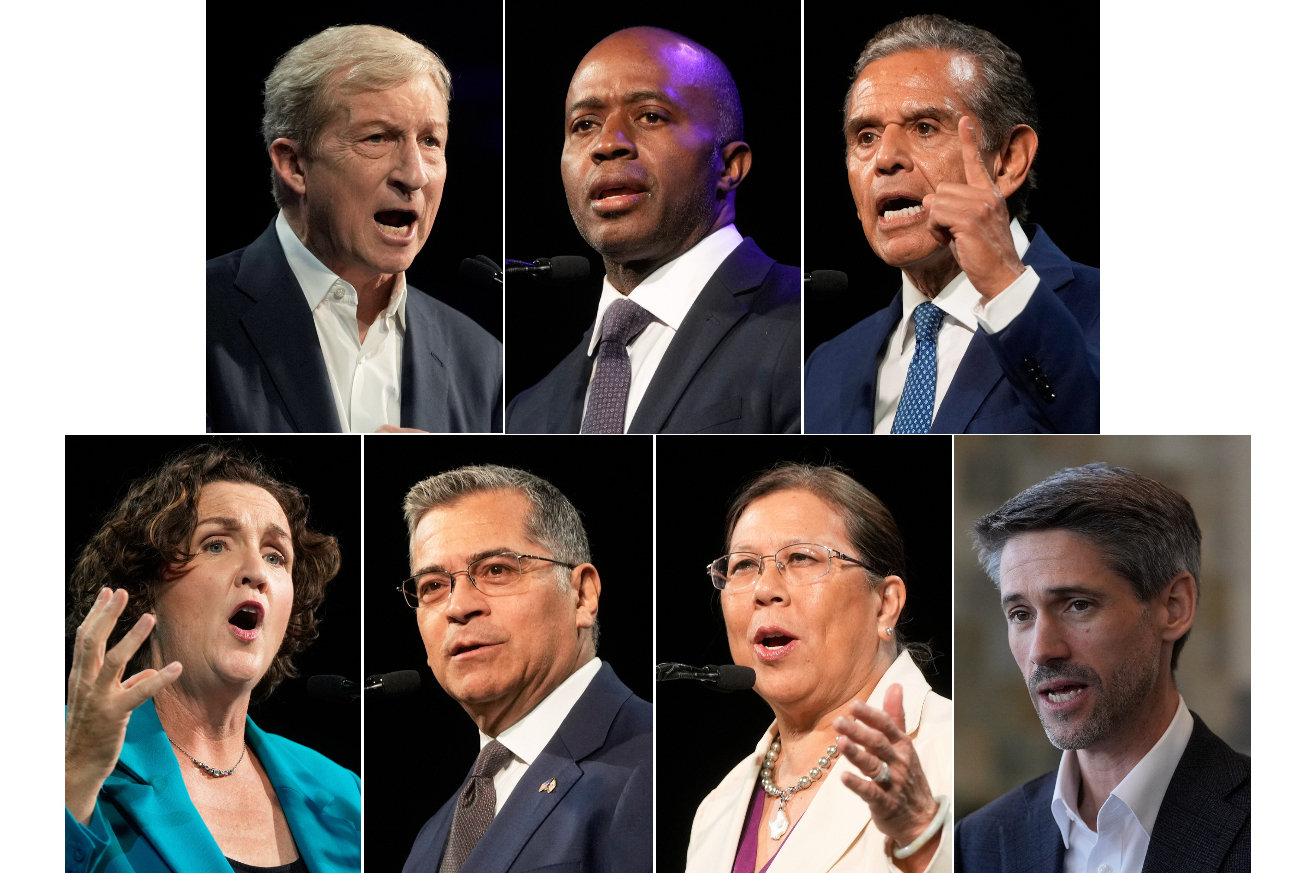 This combo image shows Democratic California gubernatorial candidates, from left, top row, Tom Stey...