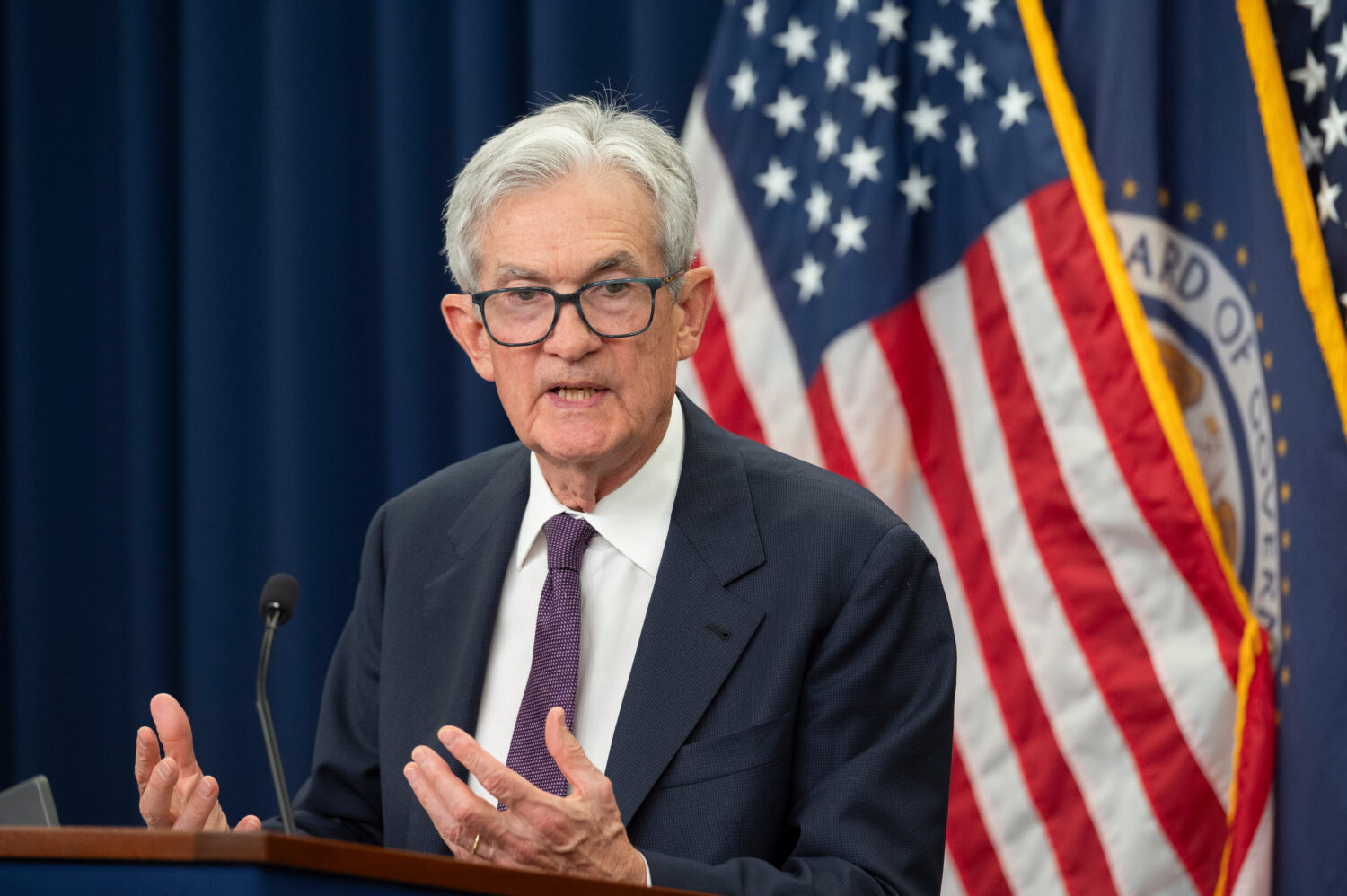 Federal Reserve Chairman Jerome Powell speaks at a news conference at the Federal Reserve, followin...
