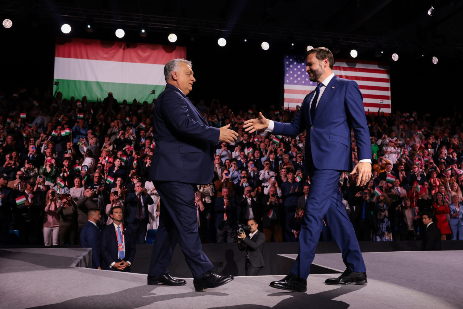 U.S. Vice President JD Vance and Hungarian Prime Minister Viktor Orban, left, shake hands during a ...
