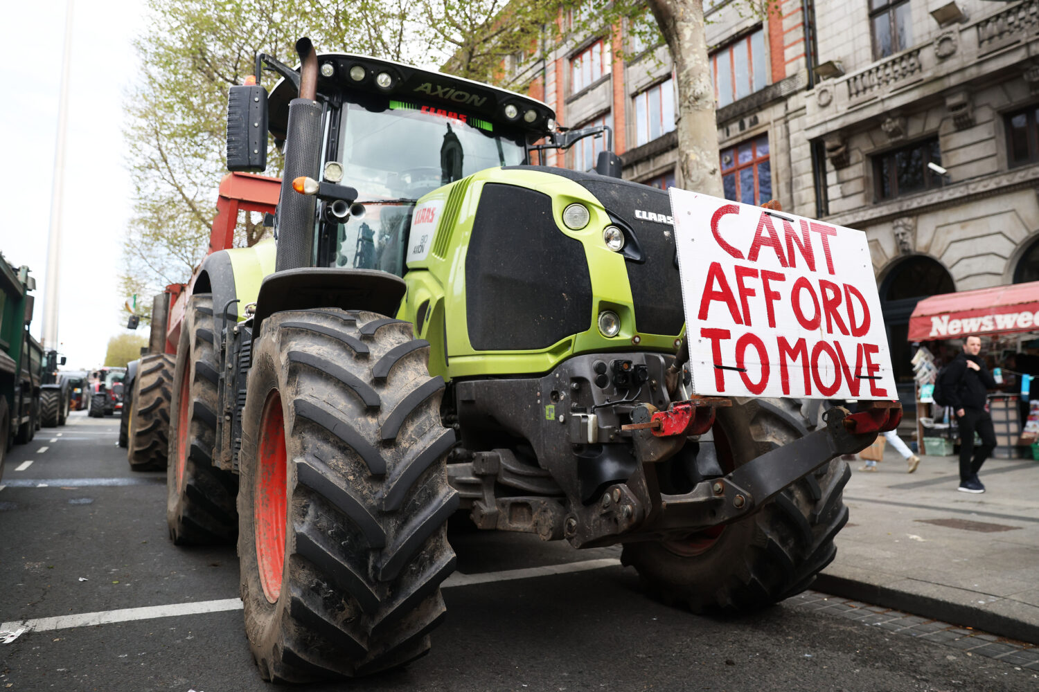 Tractors block O'Connell Street on the fifth day of the National Fuel Protest, in Dublin, Ireland, ...