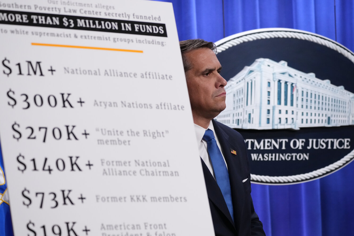 Acting Attorney General Todd Blanche listens during a news conference at the Justice Department, Tu...