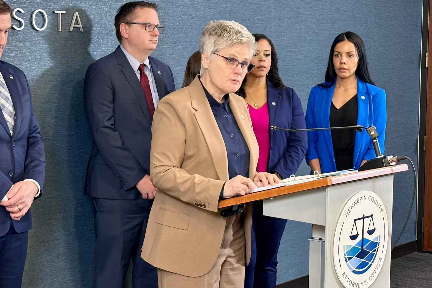 Hennepin County Attorney Mary Moriarty announces charges against an Immigration and Customs Enforce...