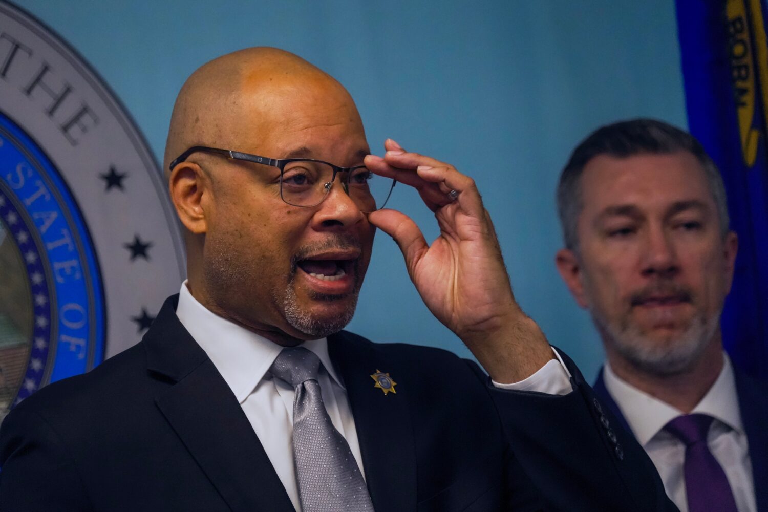 Aaron Ford, attorney general of Nevada, speaks at a press conference in Las Vegas, on Wednesday, Ap...