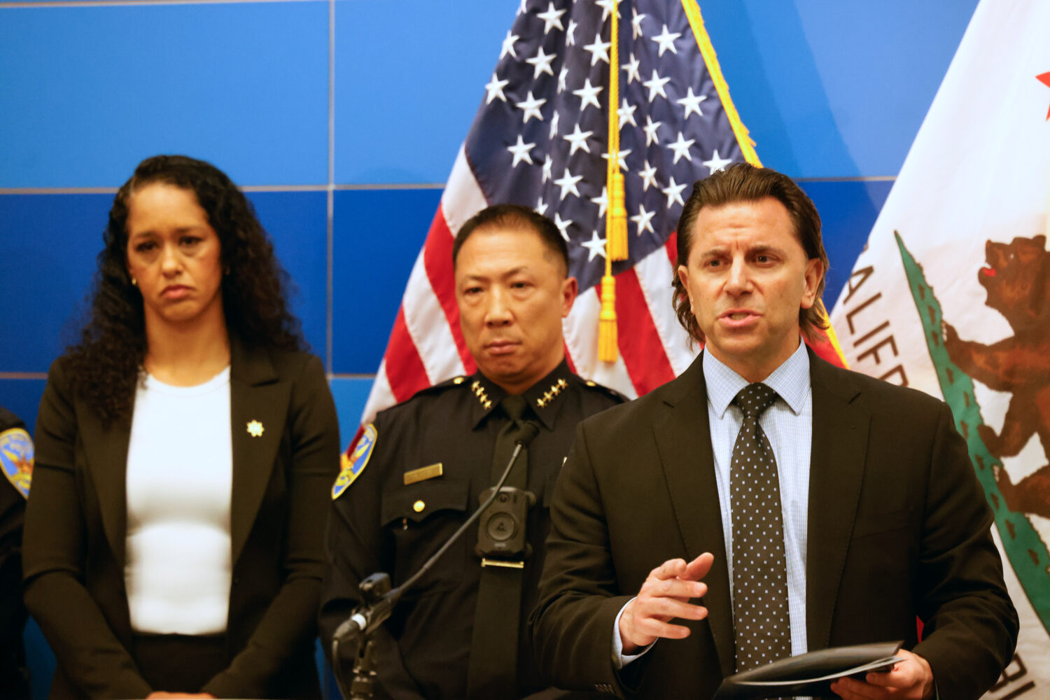 Matt Cobo, F.B.I. San Francisco Acting Special Agent in Charge, right, speaks next to San Francisco...