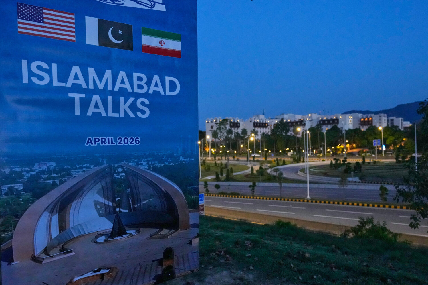 A billboard of the U.S. Iran talks is seen near Serena Hotel, the venue for the U.S. Iran officials...