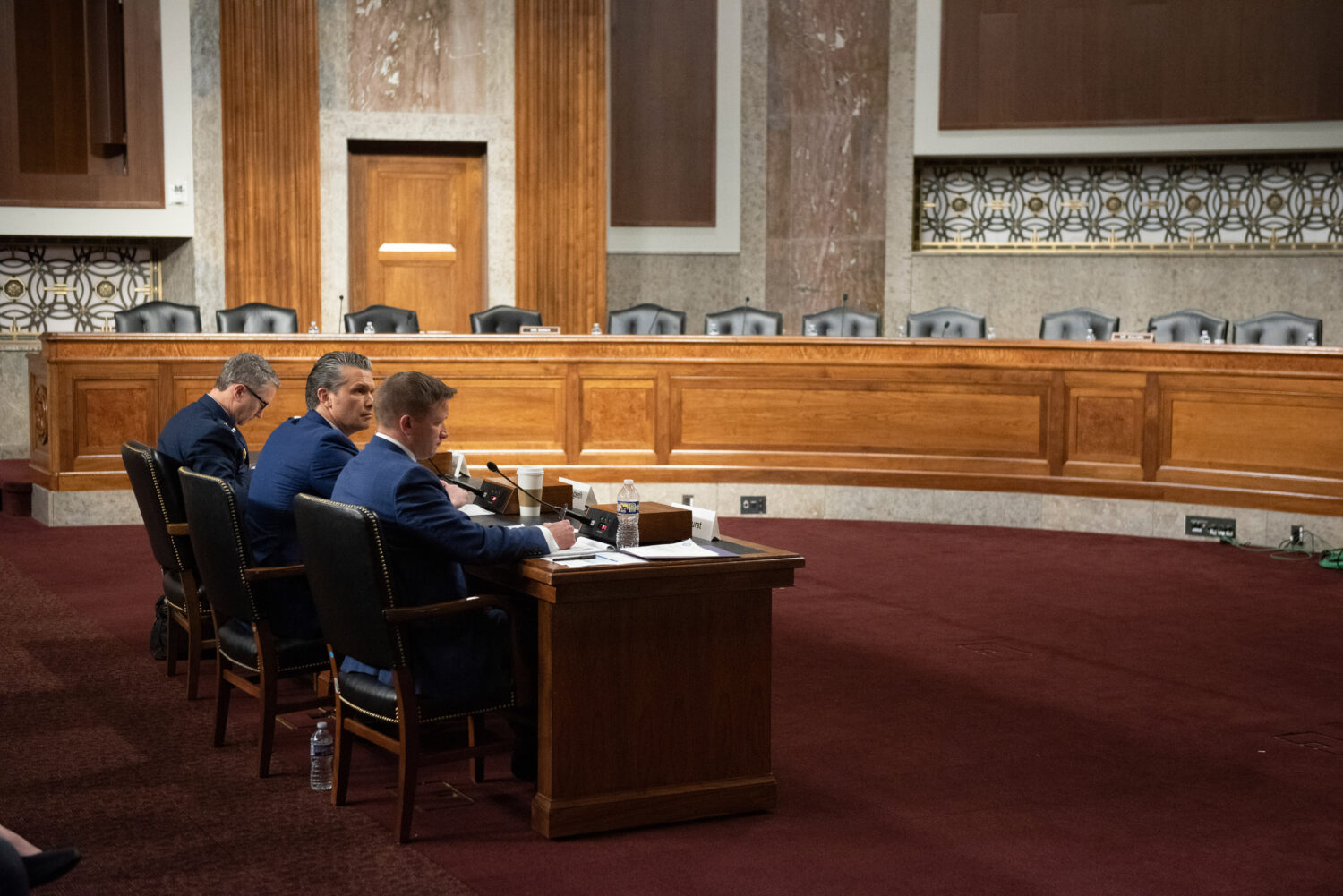 From l-r., Chairman of the Joint Chiefs of Staff Air Force Gen. Danial Caine, Secretary of Defense ...