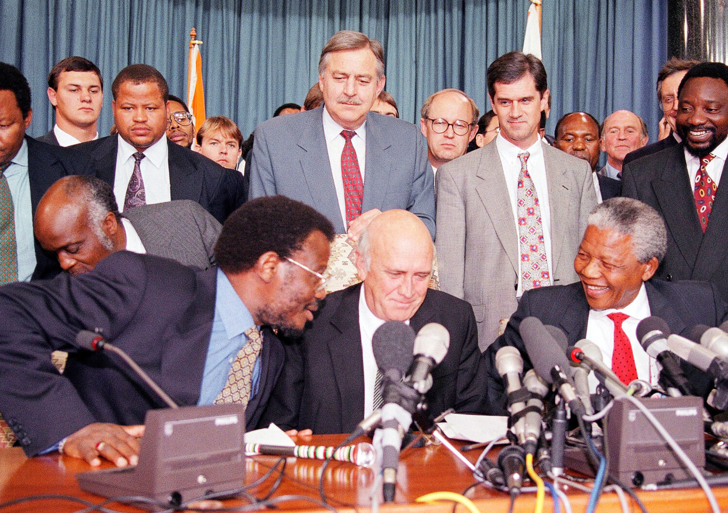 FILE - This April 19, 1994 file photo shows in the front row; Inkatha Freedom Party (IFP) Chief Man...