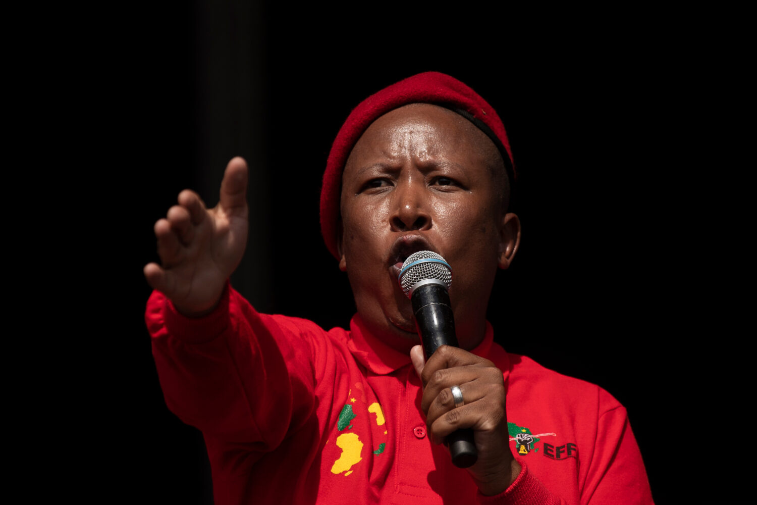 FILE - Julius Malema, the leader of Economic Freedom Fighters, addresses supporters during an elect...