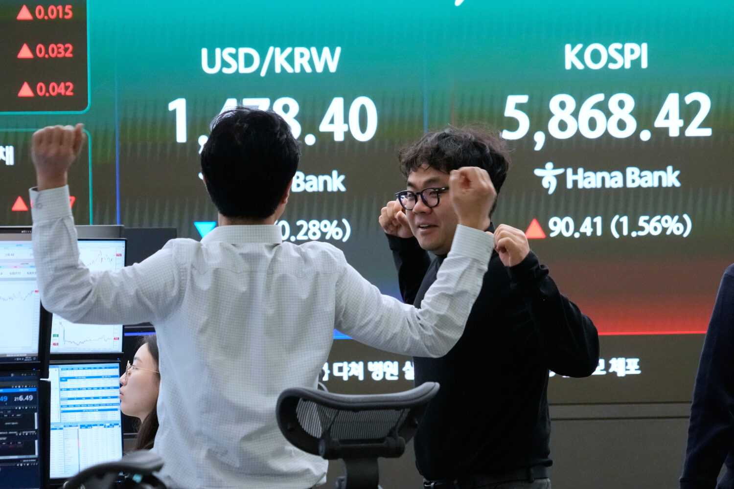 Currency traders stretch near a screen showing the Korea Composite Stock Price Index (KOSPI), right...