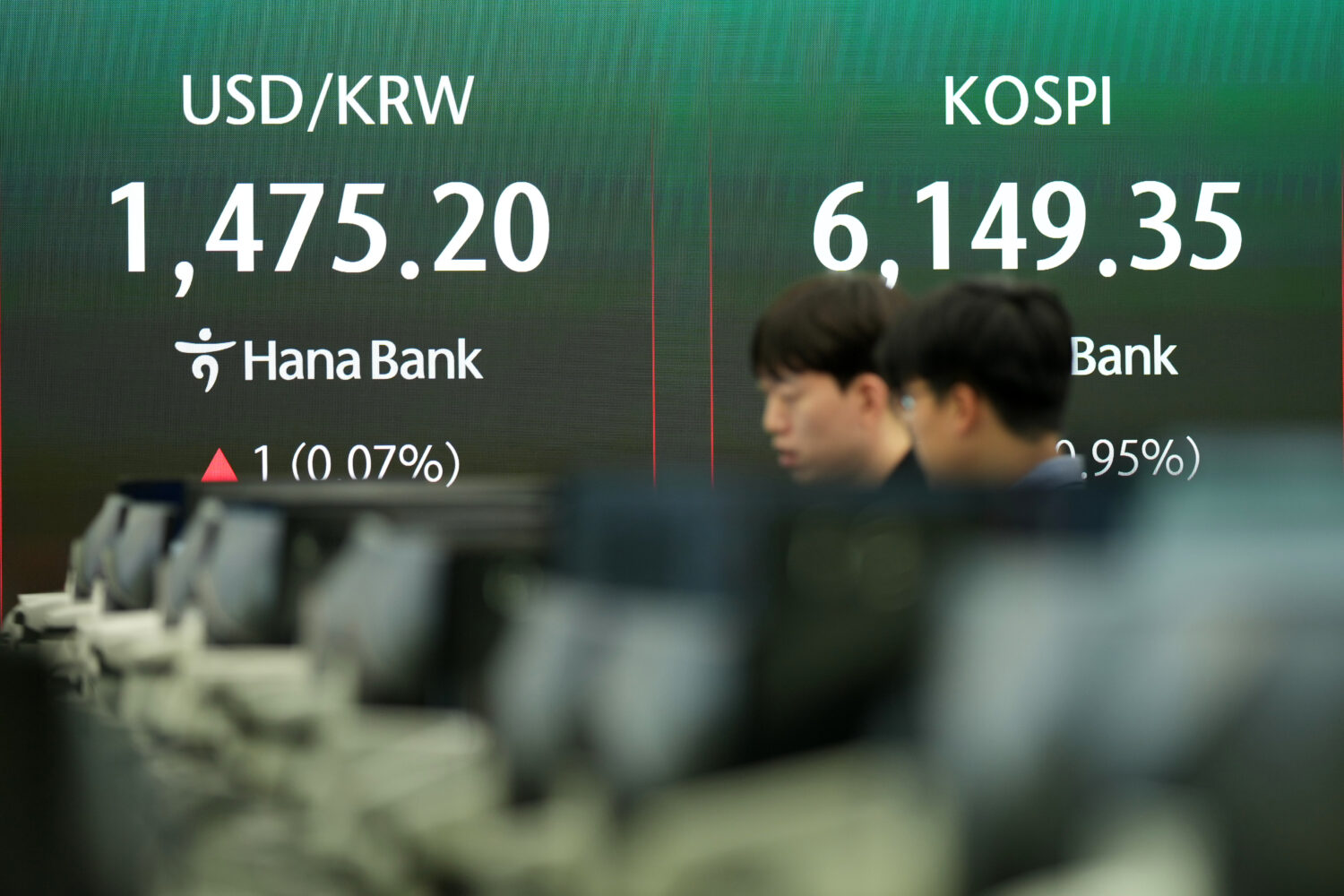 Dealers talk near the screen showing the Korea Composite Stock Price Index (KOSPI), right, and the ...