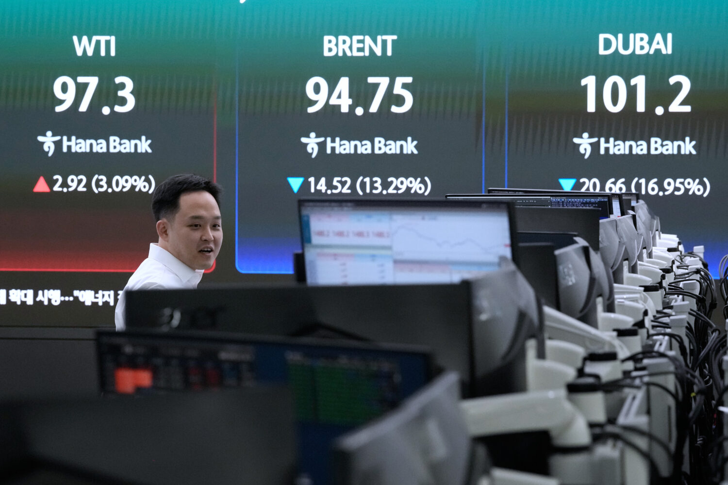 A currency trader works near a screen showing international oil prices at the foreign exchange deal...
