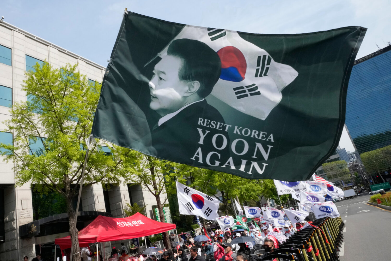 Supporters of former South Korean President Yoon Suk Yeol stage a rally outside of the Seoul High C...