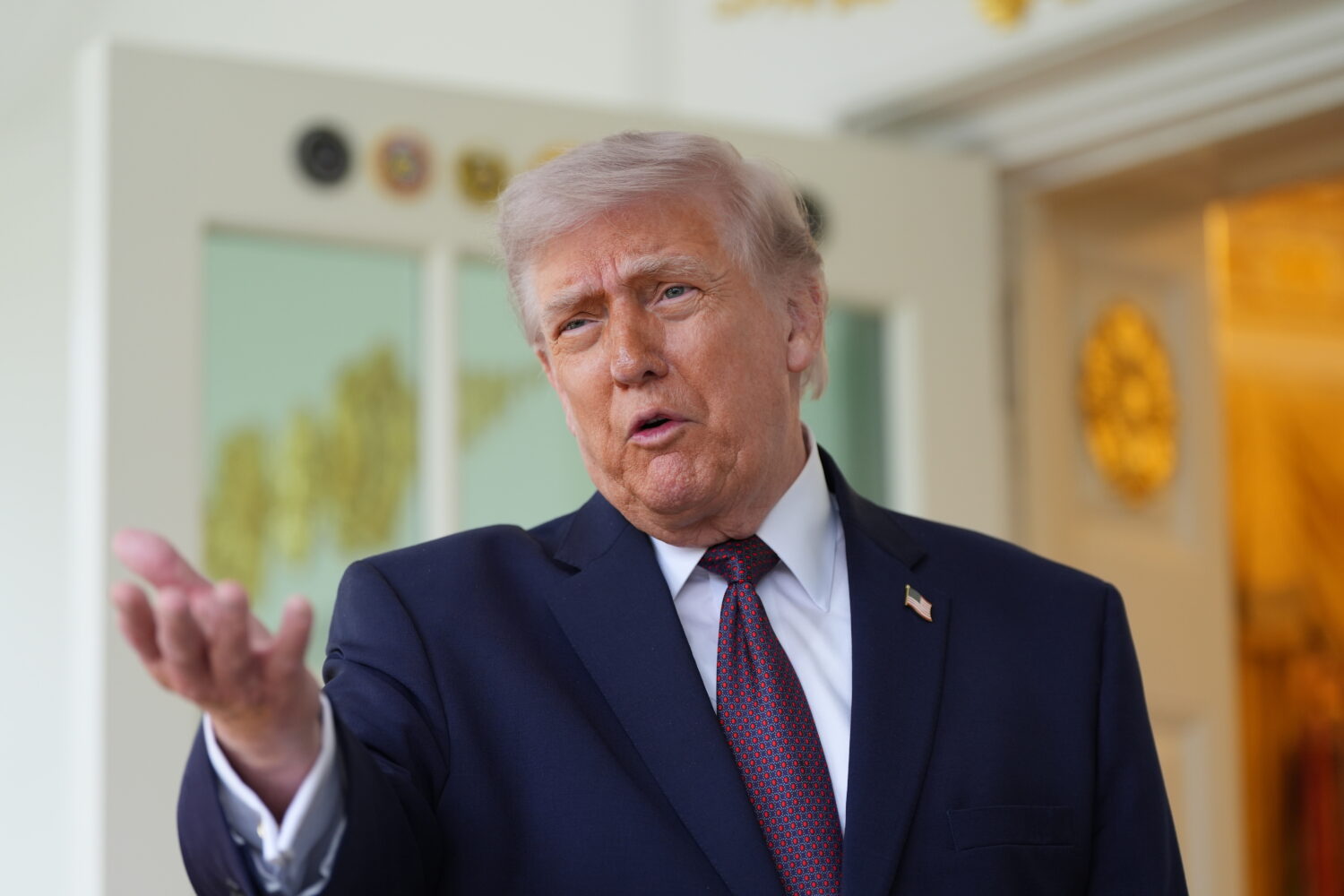 President Donald Trump speaks outside the Oval Office of the White House, Monday, April 13, 2026, i...