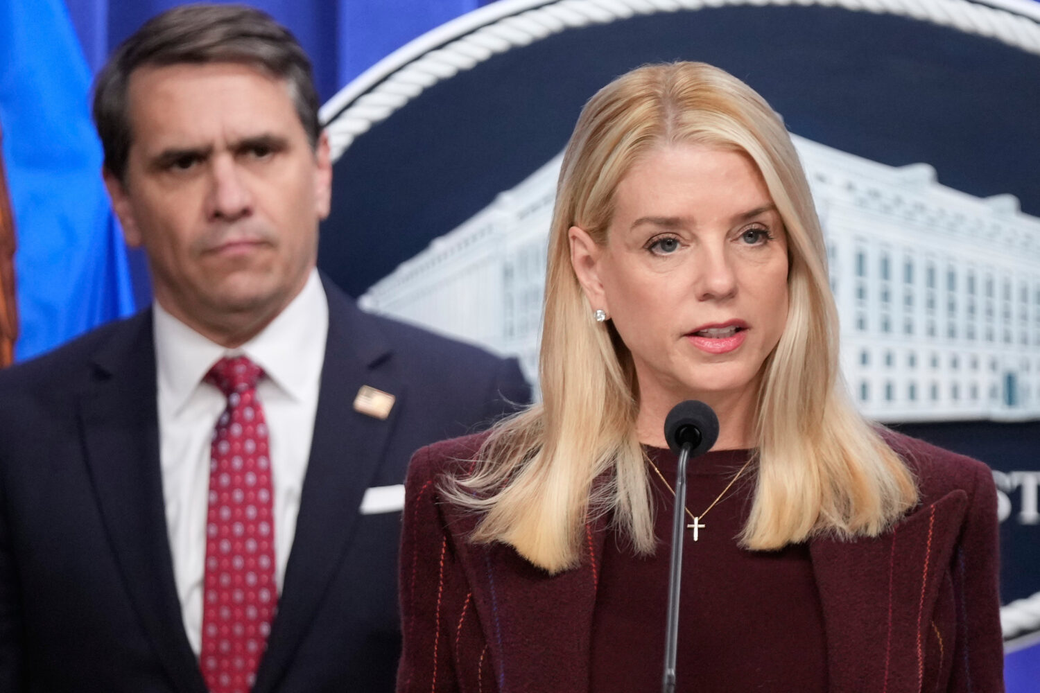 FILE - Attorney General Pam Bondi speaks with reporters during a news conference at the Department ...