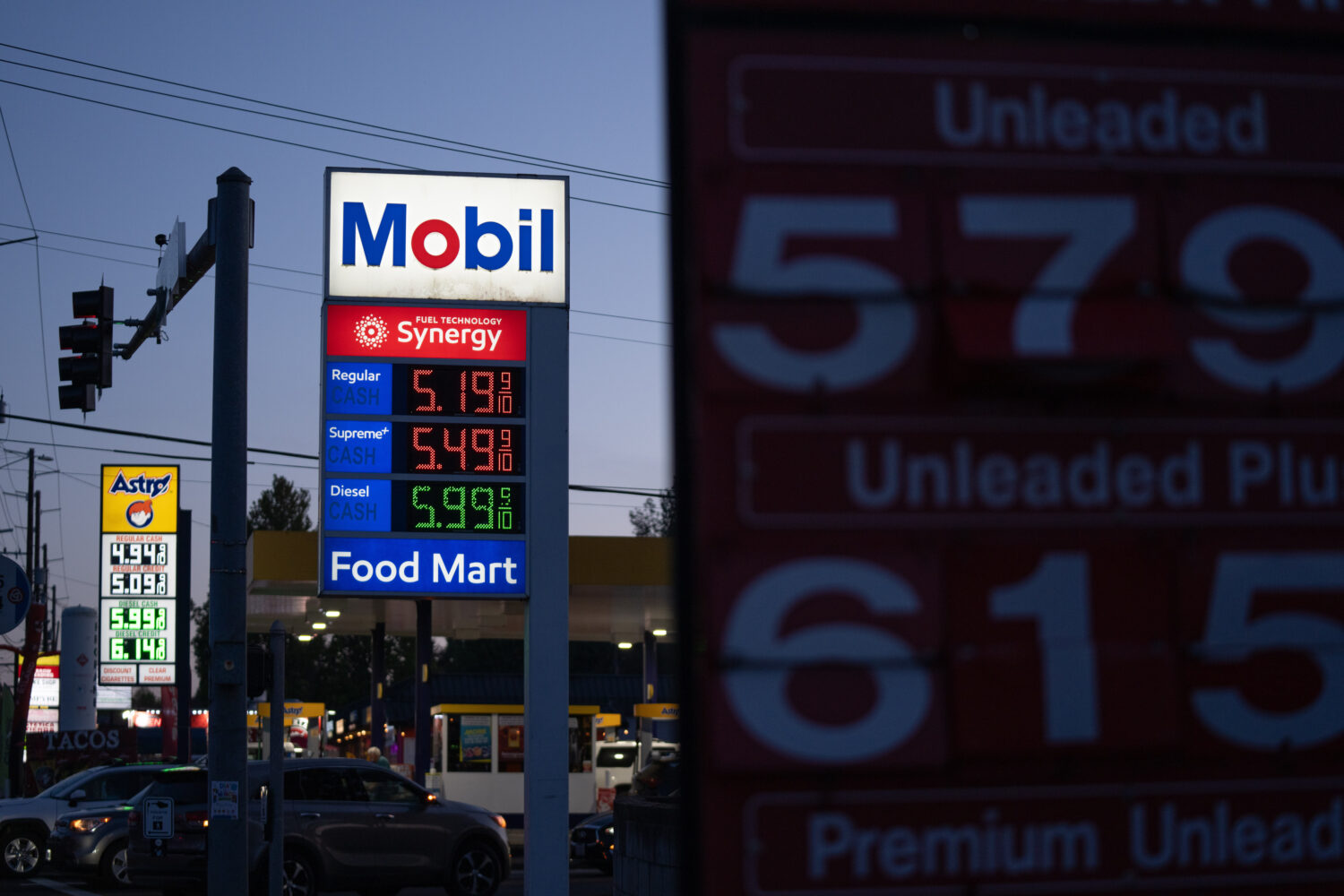 Gasoline prices are displayed at a Mobil gas station on Wednesday, April 29, 2026, in Portland, Ore...