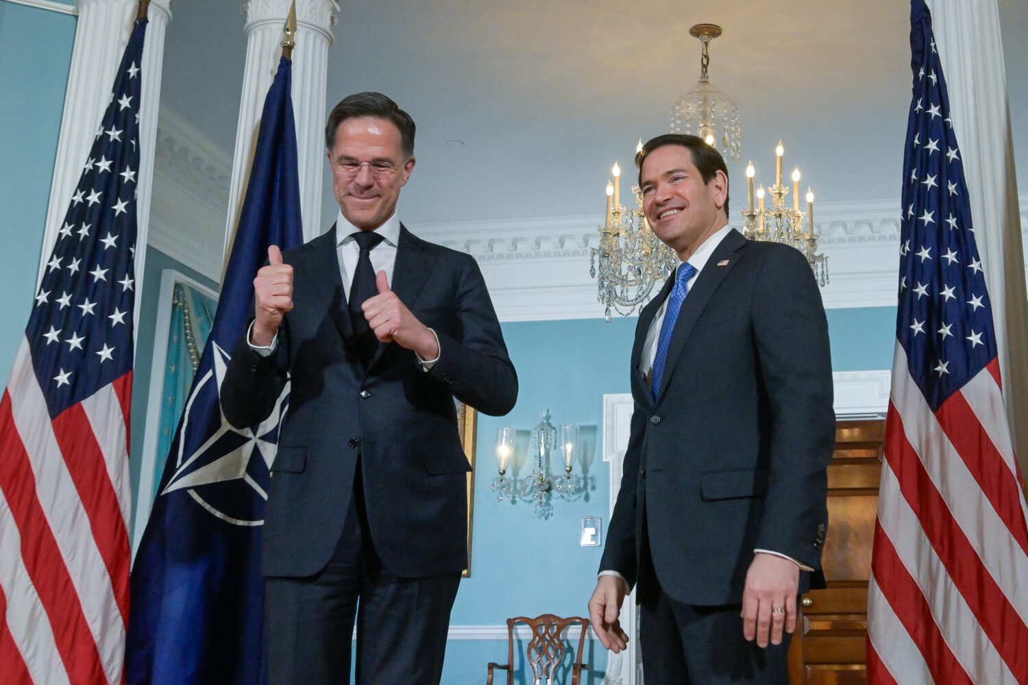 Secretary of State Marco Rubio, right, is joined by NATO Secretary General Mark Rutte, left, for a ...