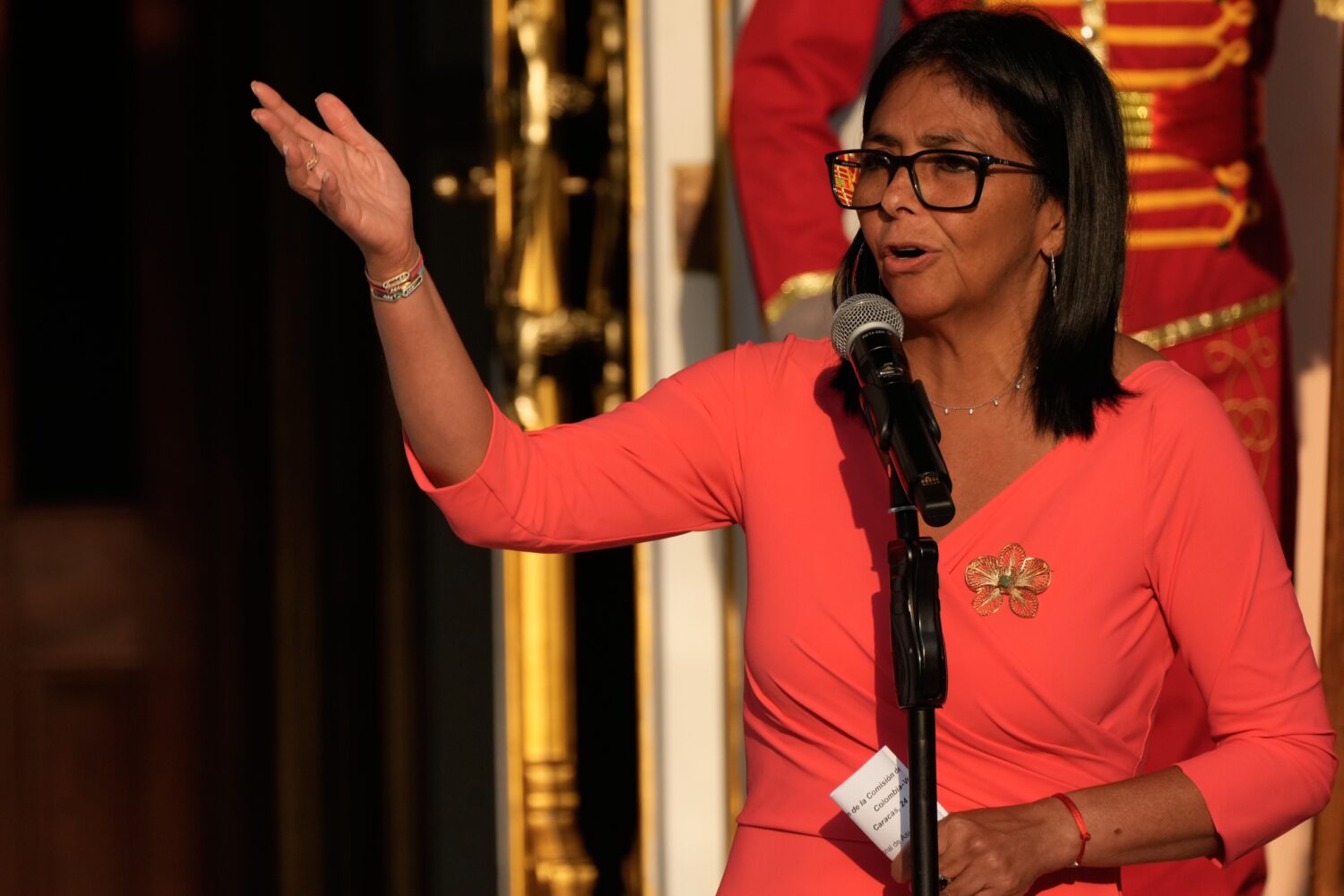 Venezuela's acting President Delcy Rodriguez speaks at Miraflores Palace during a meeting with Colo...