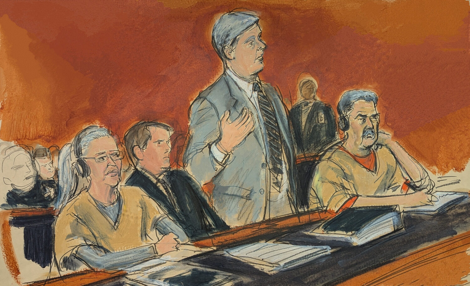 Former Venezuelan President Nicolas Maduro, far right, listens as his defense attorney, Barry Polla...