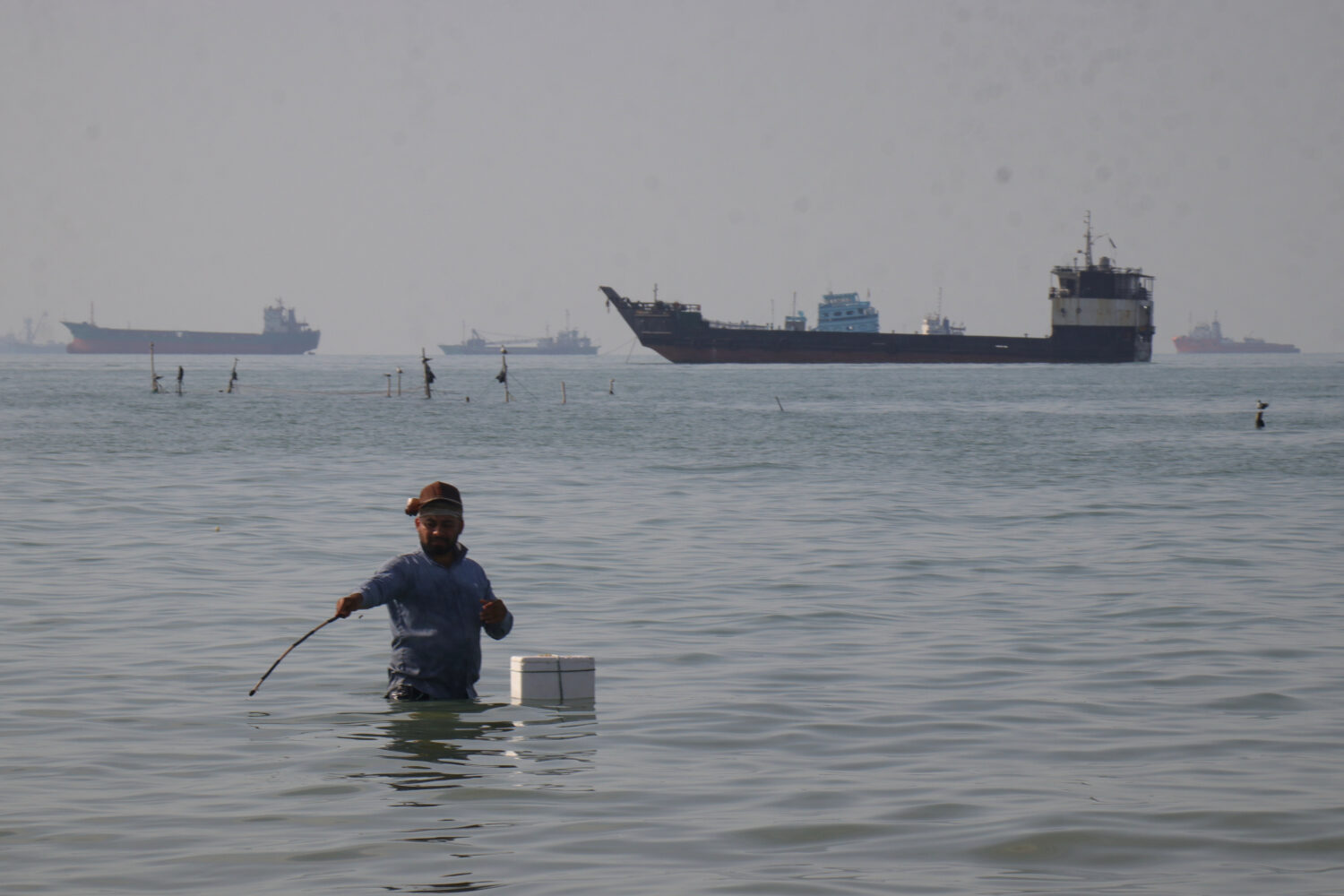 A man stands in the water, appearing to fish, as bulk carriers, cargo ships, and service vessels li...