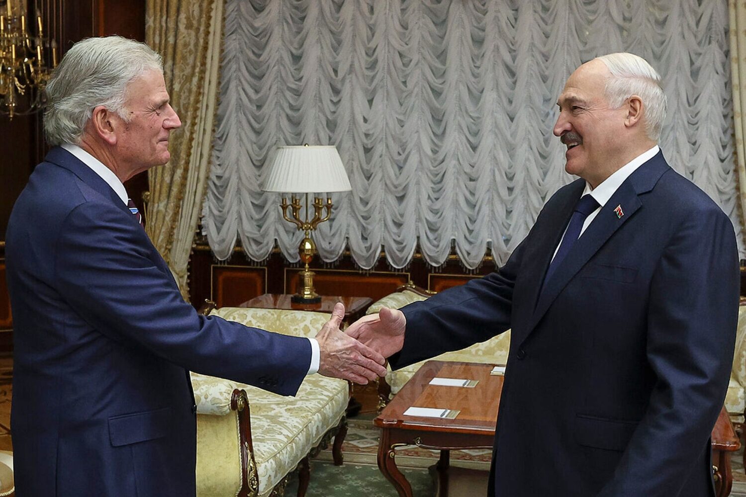 In this photo released by Belarusian presidential press service, Belarusian President Alexander Luk...