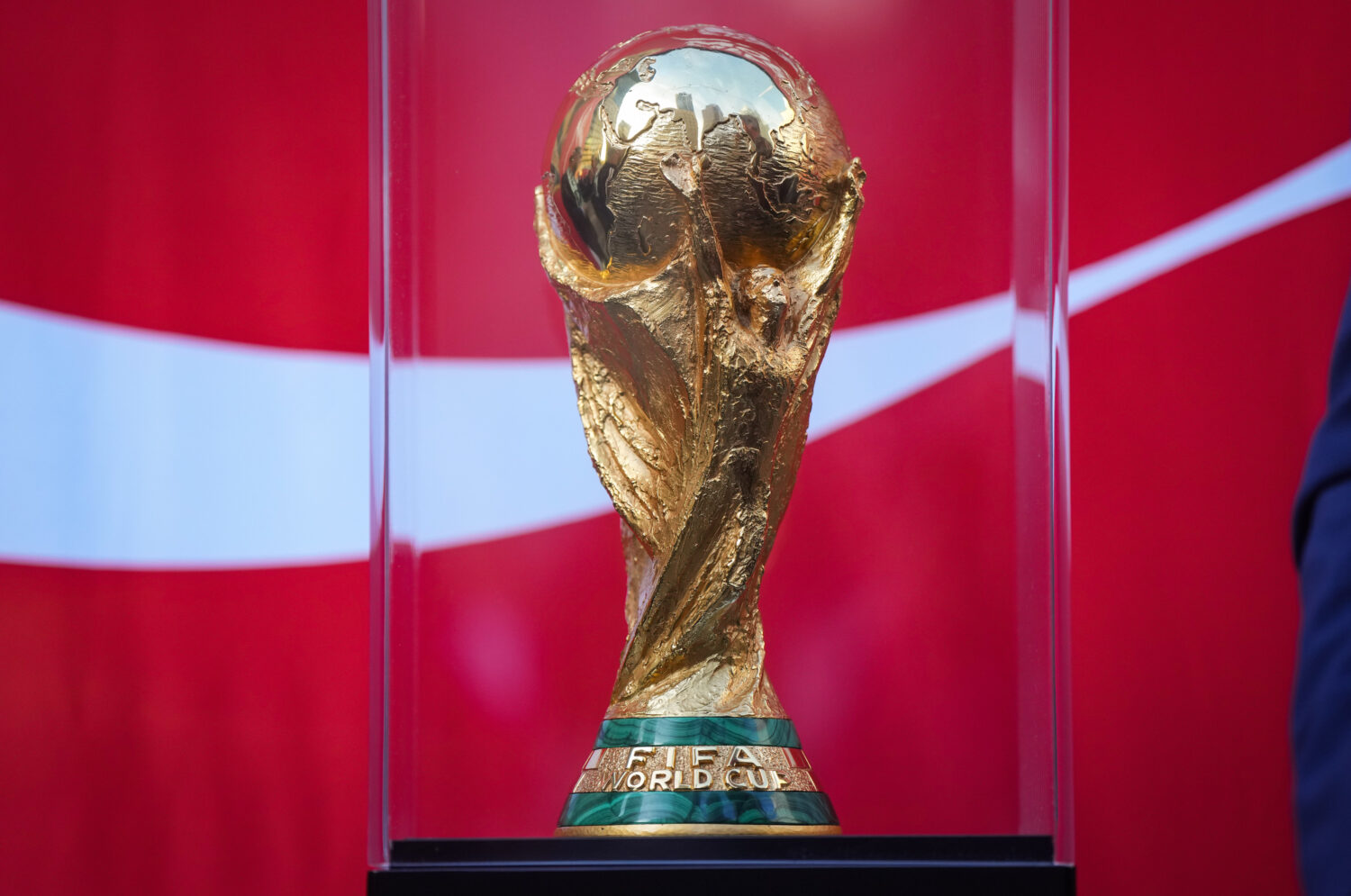 The FIFA World Cup trophy is displayed during the launch of a trophy tour in Vancouver, on Friday, ...