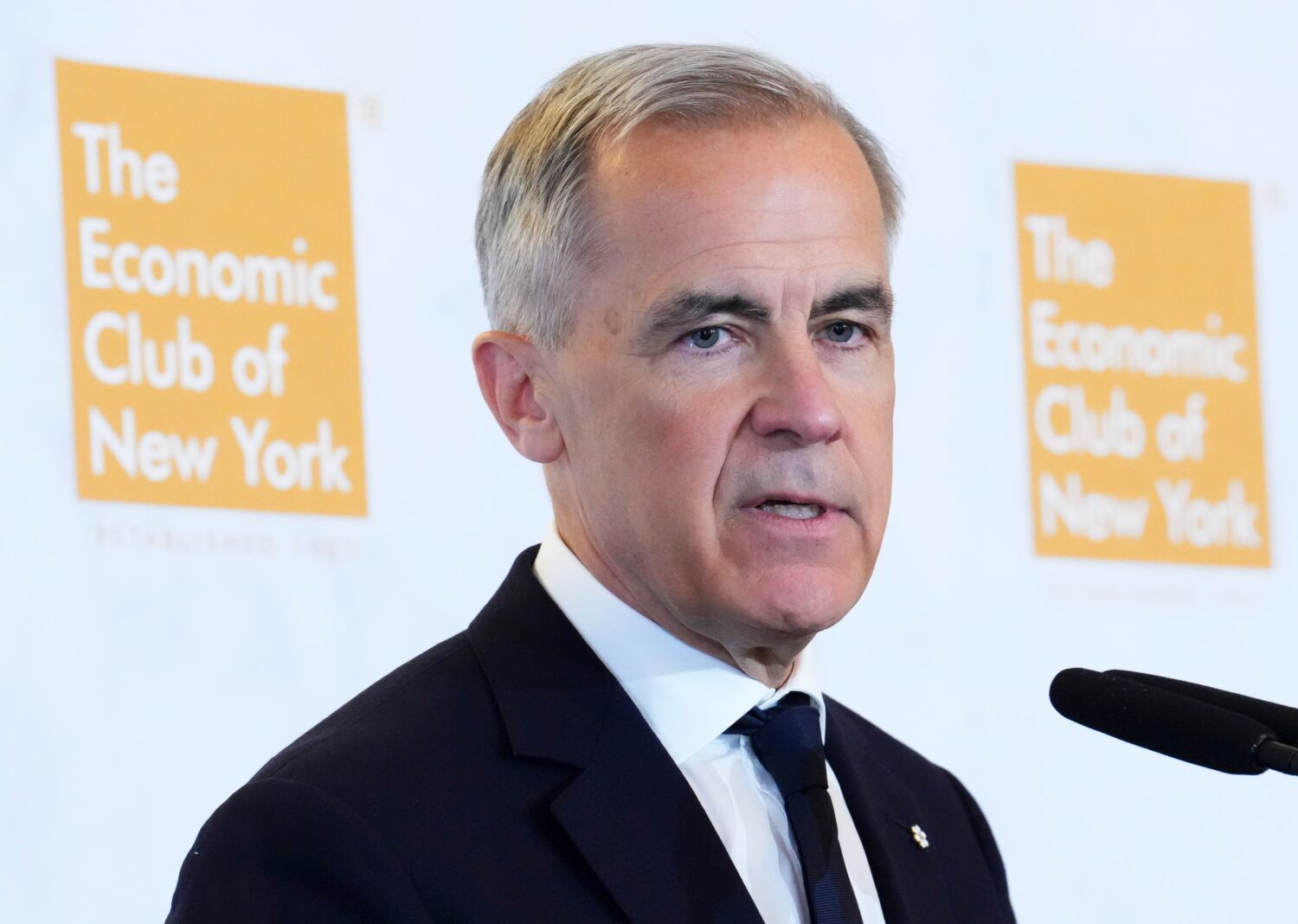 Canadian Prime Minister Mark Carney delivers a speech and takes part in an armchair discussion at T...