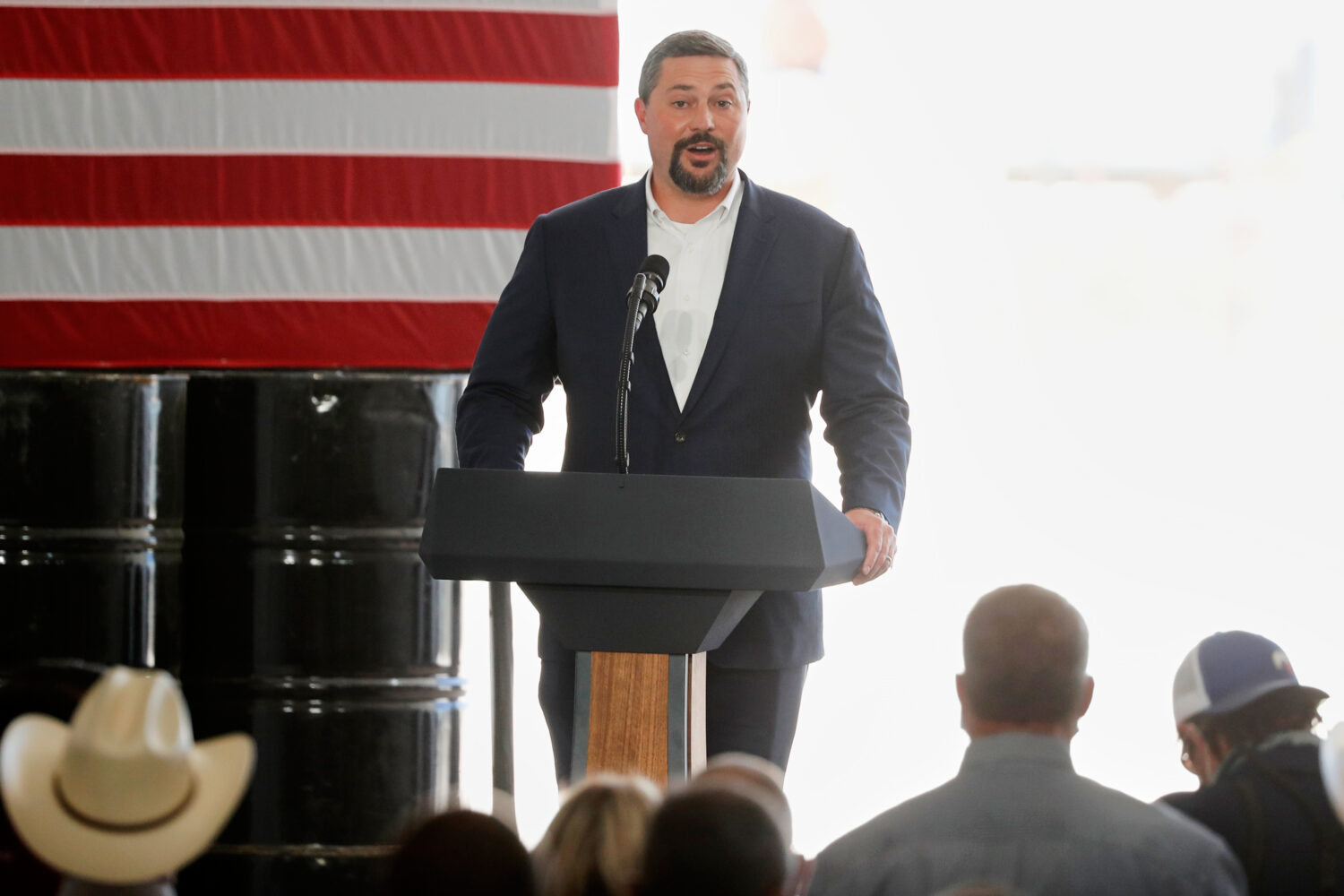 FILE - Cody Campbell, the co-CEO of Double Eagle Energy, introduces President Donald Trump at a Dou...
