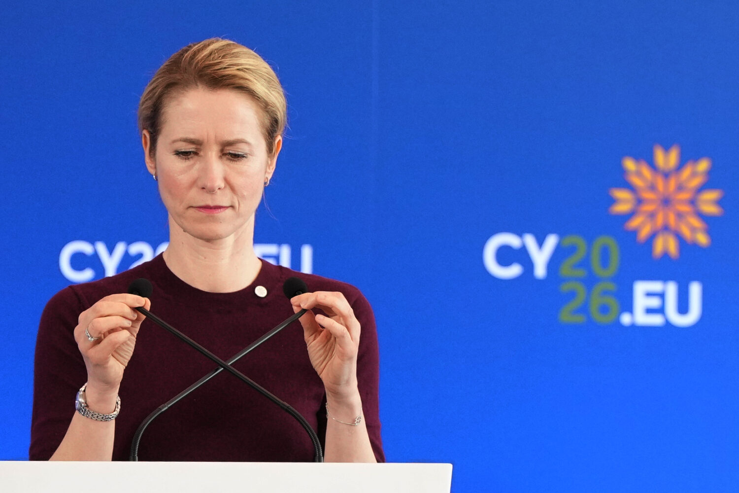 European Union foreign policy chief Kaja Kallas talks to the media after the Informal meeting of EU...
