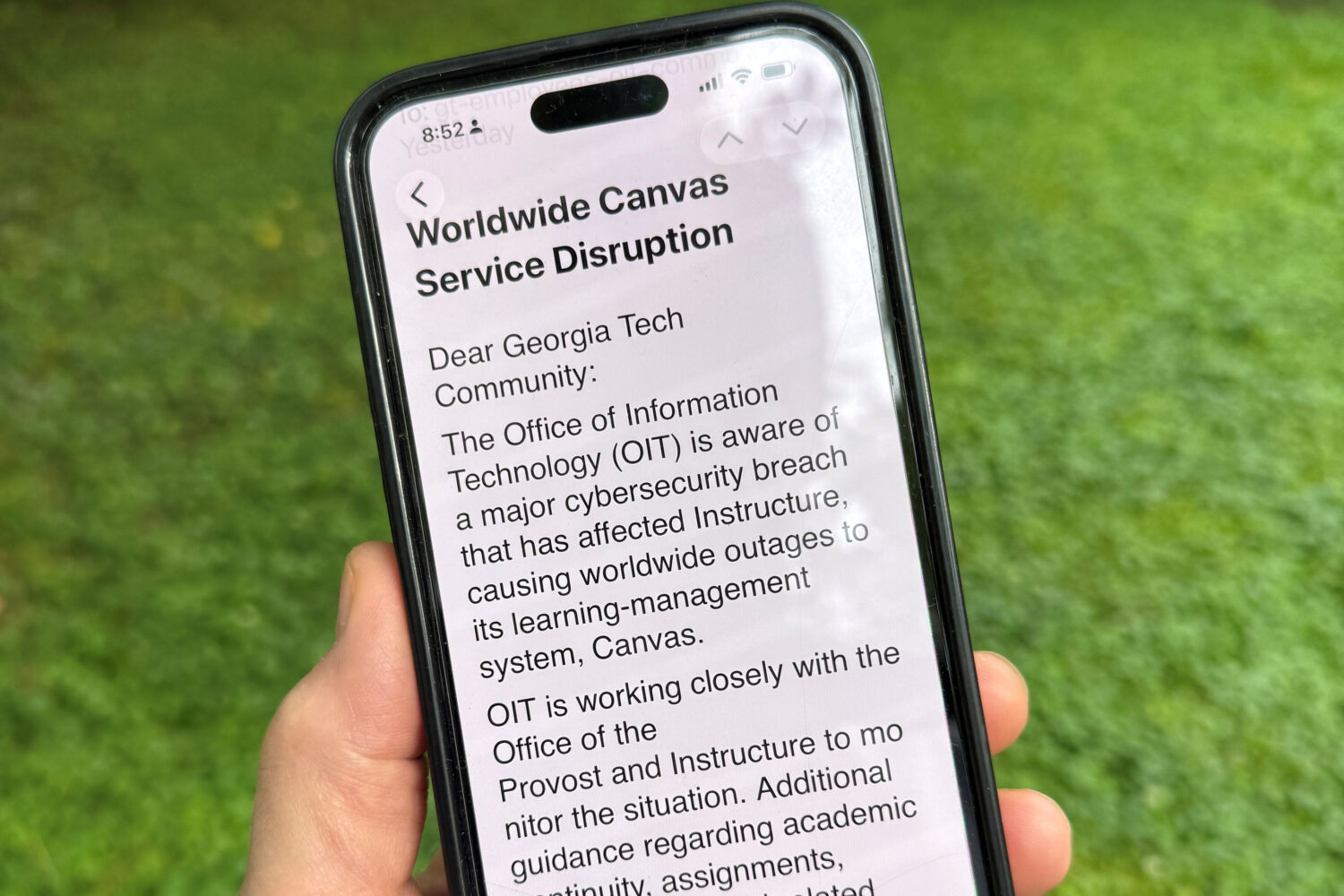 An image of a notice sent by Georgia Tech's information technology department warning students, pro...
