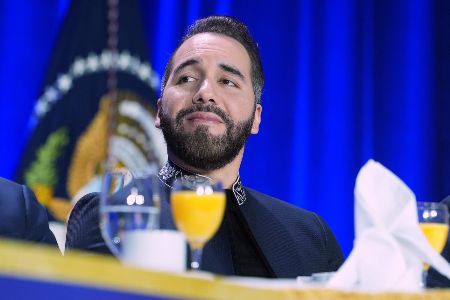 FILE - President of El Salvador, Nayib Armando Bukele Ortez, listens as President Donald Trump spea...