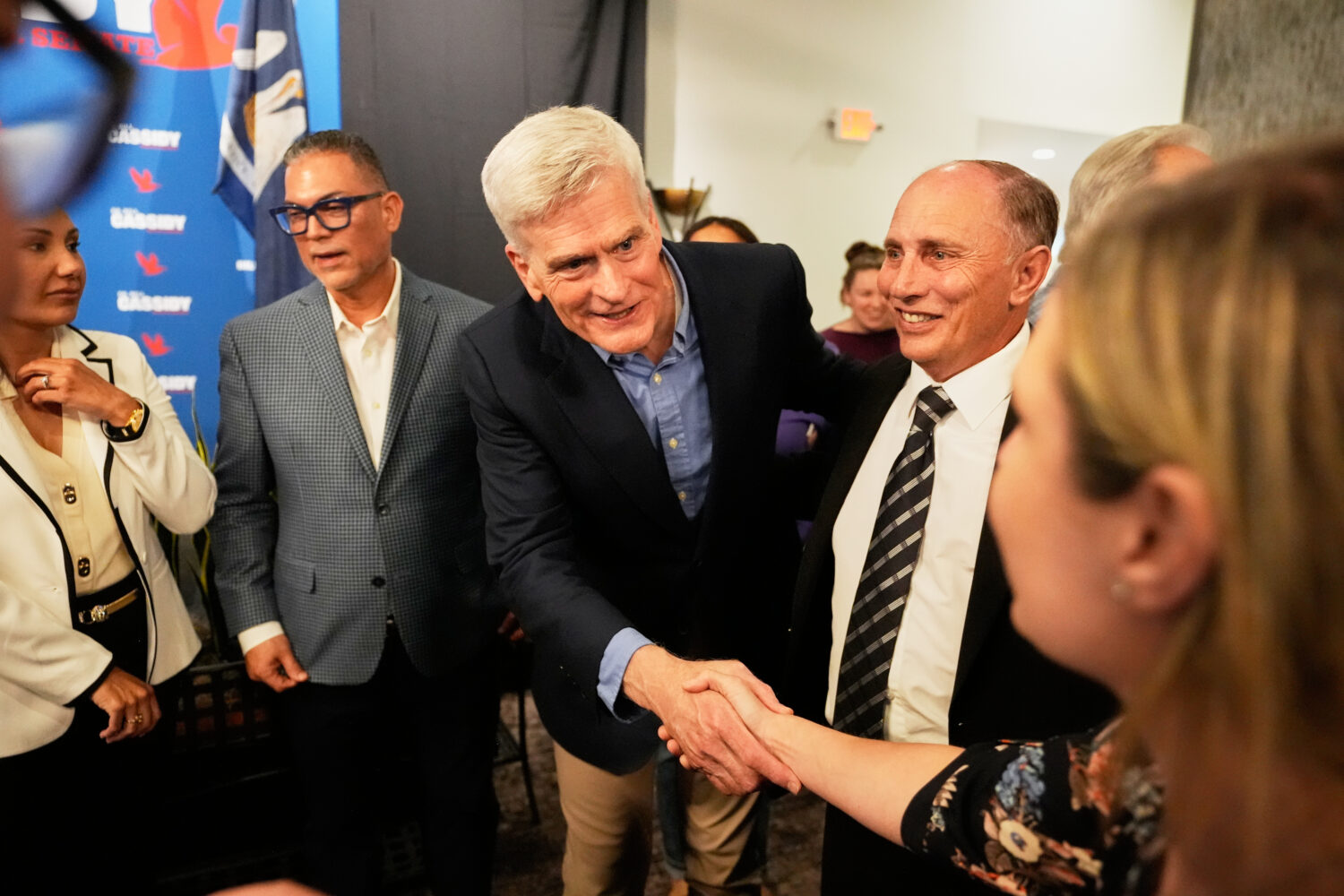 U.S. Sen. Bill Cassidy, R-La., greets supporters at a campaign stop at Drago's Restaurant Tuesday, ...