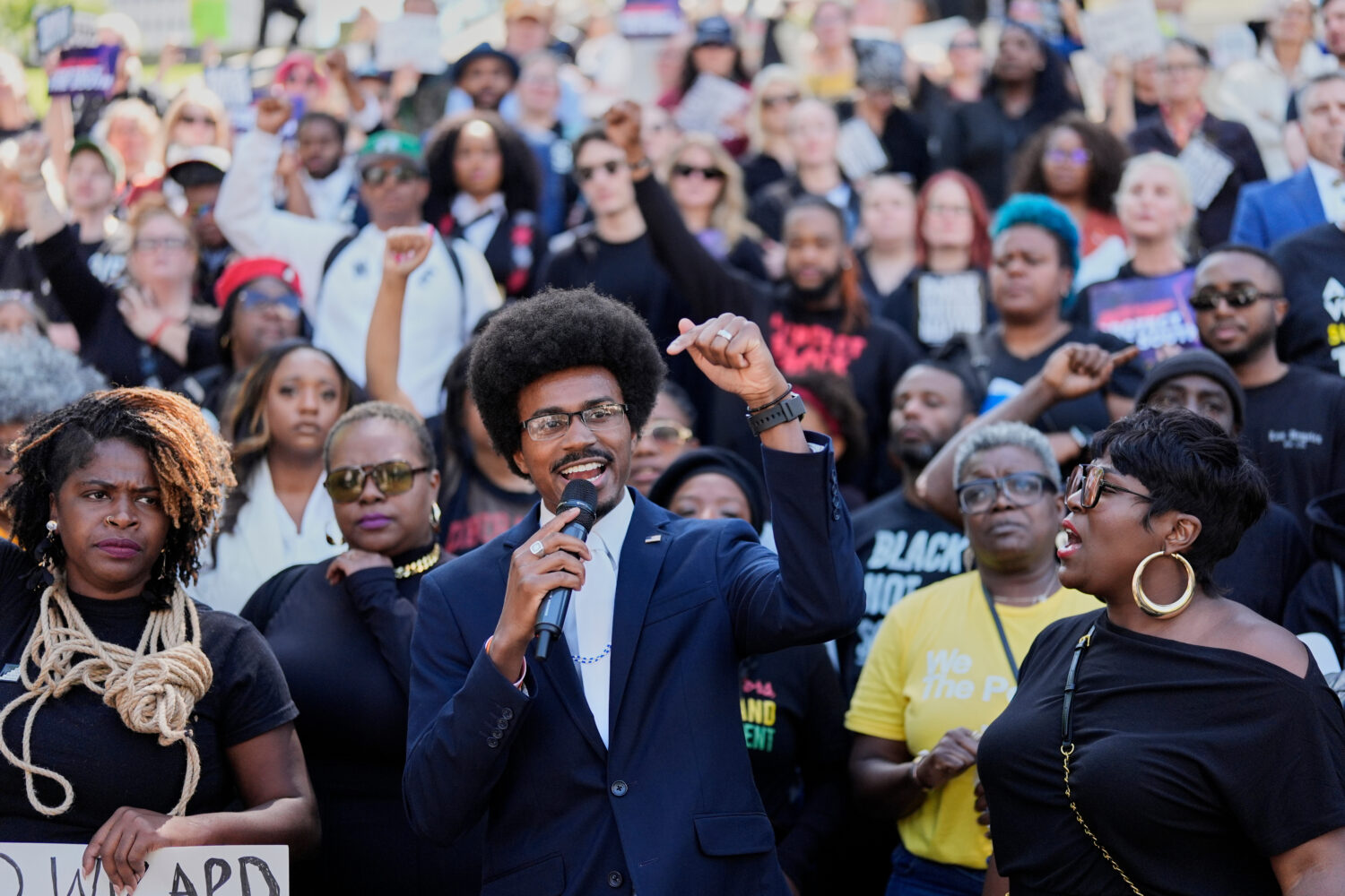 Rep. Justin J. Pearson, D-Memphis, speaks during a rally after a special session of the state legis...