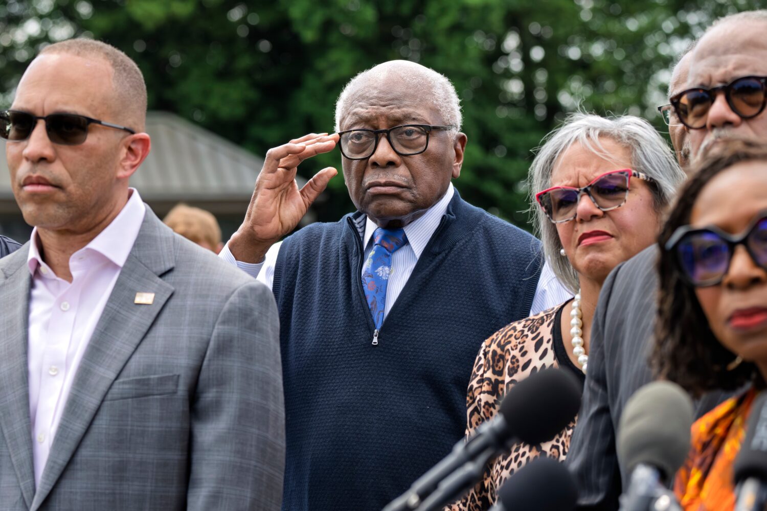 Rep. Jim Clyburn, D-S.C., center, joined by House Minority Leader Hakeem Jeffries, D-N.Y., left, st...