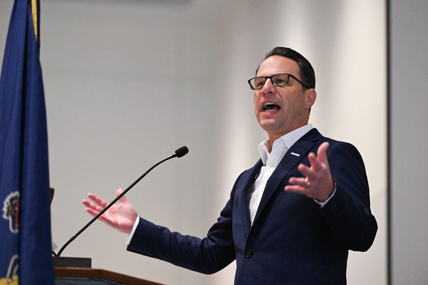 FILE - Pennsylvania Gov. Josh Shapiro speaks to the crowd at a Centre County Democratic Party event...