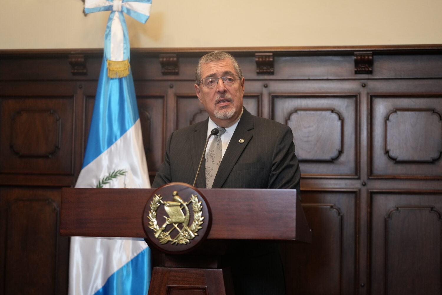 FILE - Guatemalan President Bernardo Arevalo speaks to reporters in Guatemala City, March 5, 2026. ...
