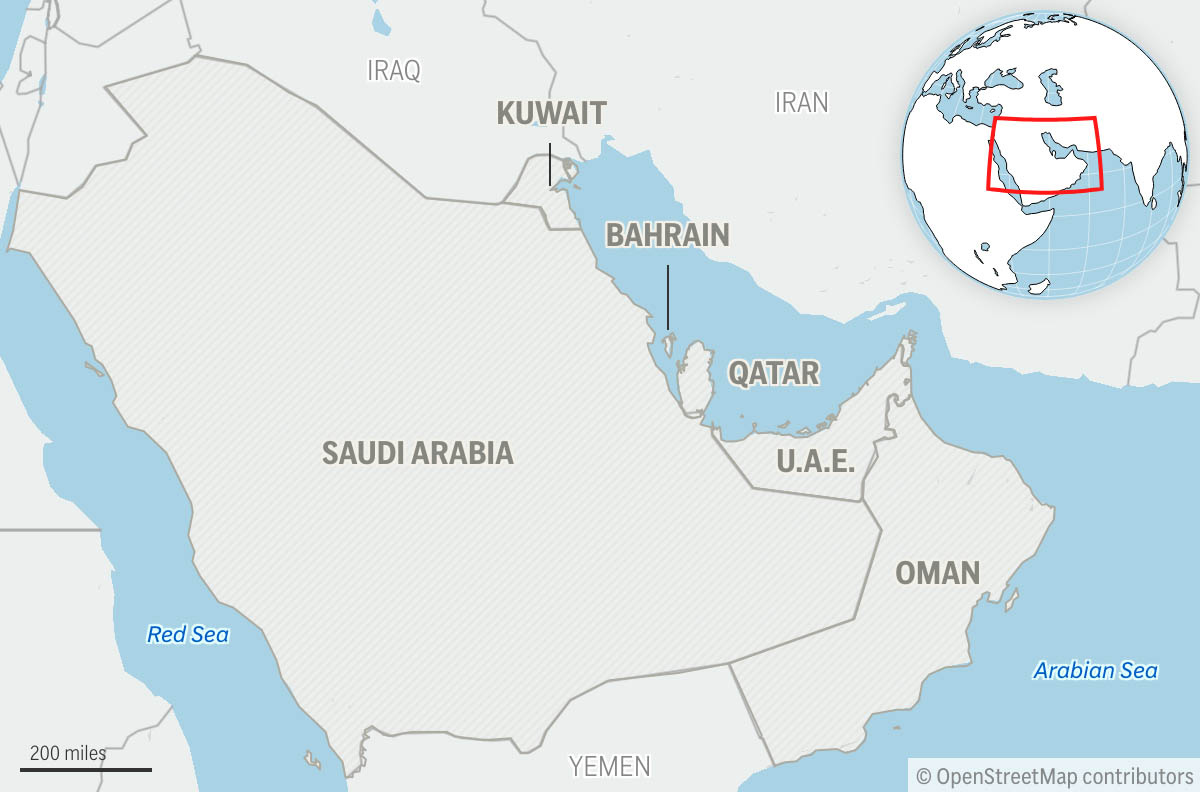 This is a locator map for the Gulf Cooperation Council member states: Saudi Arabia, Bahrain, Qatar,...