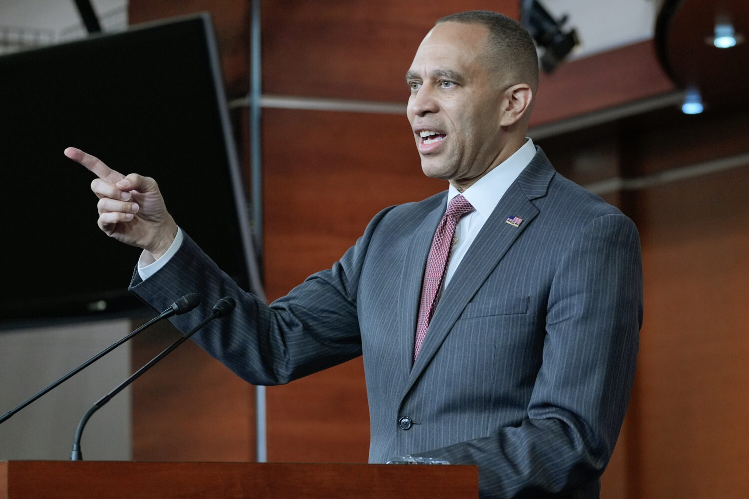 House Minority Leader Hakeem Jeffries, D-N.Y., speaks during a news conference on Capitol Hill, Thu...