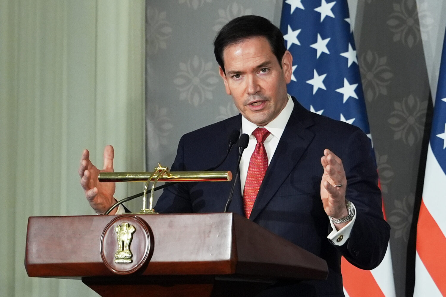 United States Secretary of State Marco Rubio speaks at a joint presser with India's Minister of Ext...
