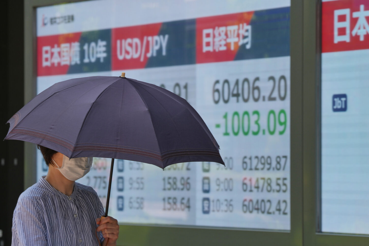 A person walks in front of an electronic stock board showing Japan's Nikkei index at a securities f...