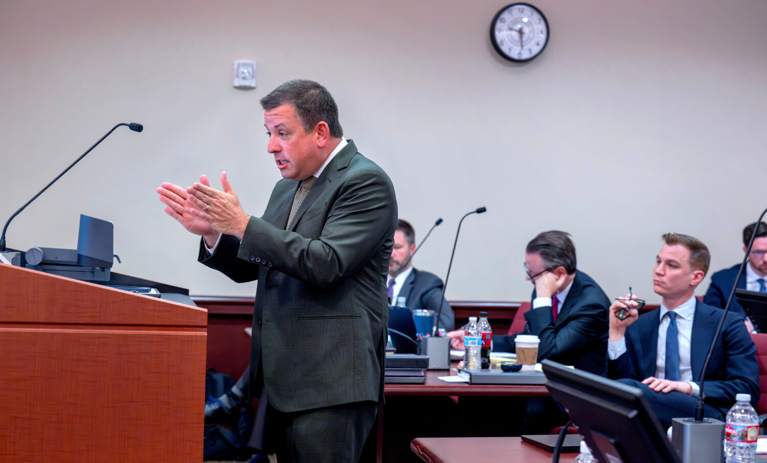 Attorney David Ackerman, left, gave an opening statement for the State, and attorney Alex Parkinson...